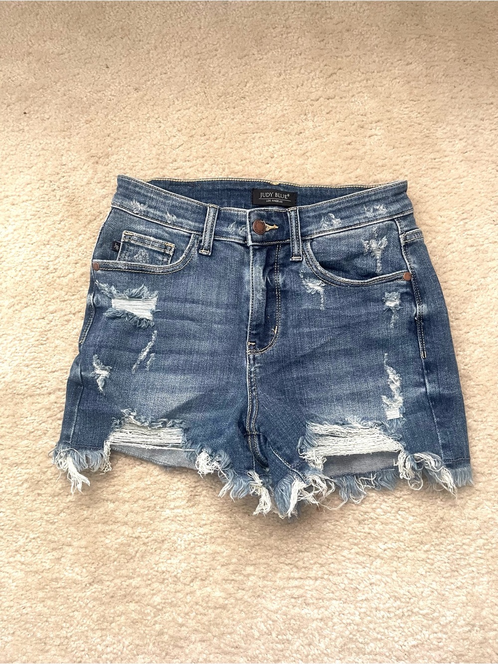 Judy Blue Distressed High-Rise Denim Shorts in Blue size small